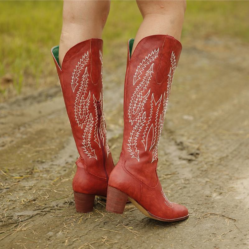 Plus Size Kvinnor Retro Röd Spetsig Tå Broderade Chunky Häl Blixtlås Cowboystövlar