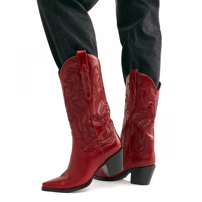 Plus Size Retro Dam Blommig Chunky Heel Mid-calf Cowboy Boots