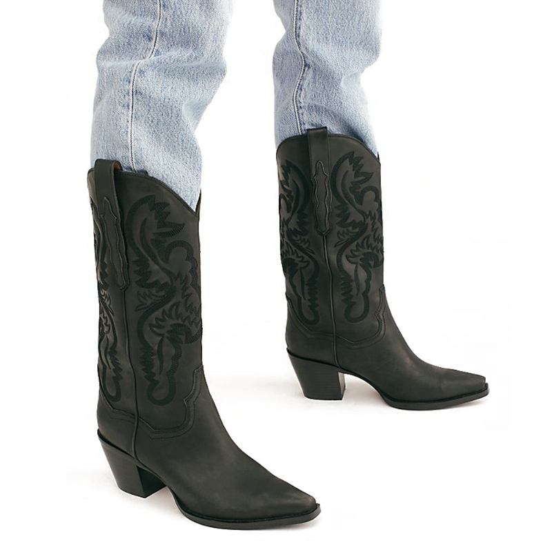 Plus Size Retro Dam Blommig Chunky Heel Mid-calf Cowboy Boots