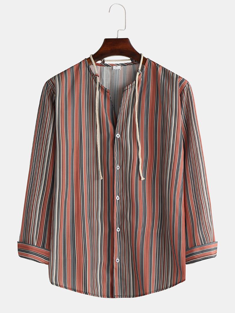 Färgglada Stripe Mode Långärmade Casual Skjortor Med Dragsko