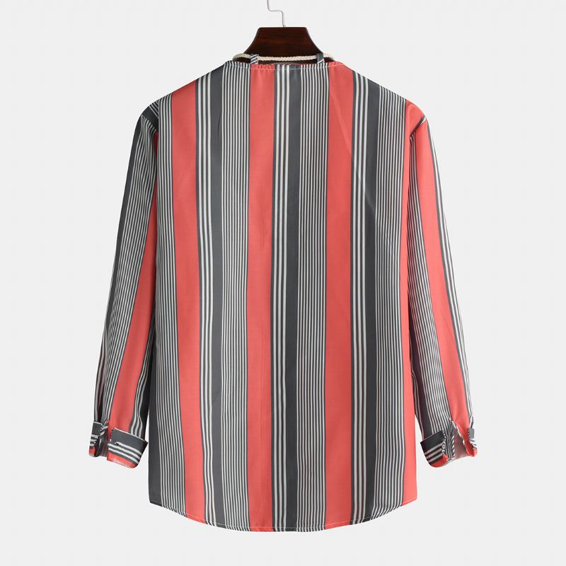 Färgglada Stripe Mode Långärmade Casual Skjortor Med Dragsko