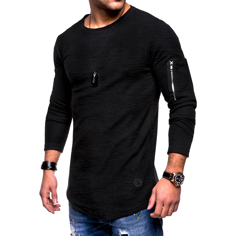 Herr Andas Enfärgad Oregelbunden Fåll Dragkedja O-hals Långärmad Slim Casual T-shirts