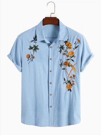 Herr Bomull Andas Blommiga Broderade Button Up Casual Skjortor