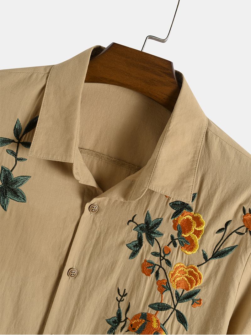 Herr Bomull Andas Blommiga Broderade Button Up Casual Skjortor