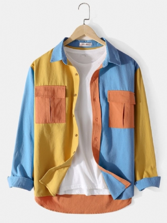 Herr Bomull Colorblock Patchwork Cargo Style Skjortor Med Flikar