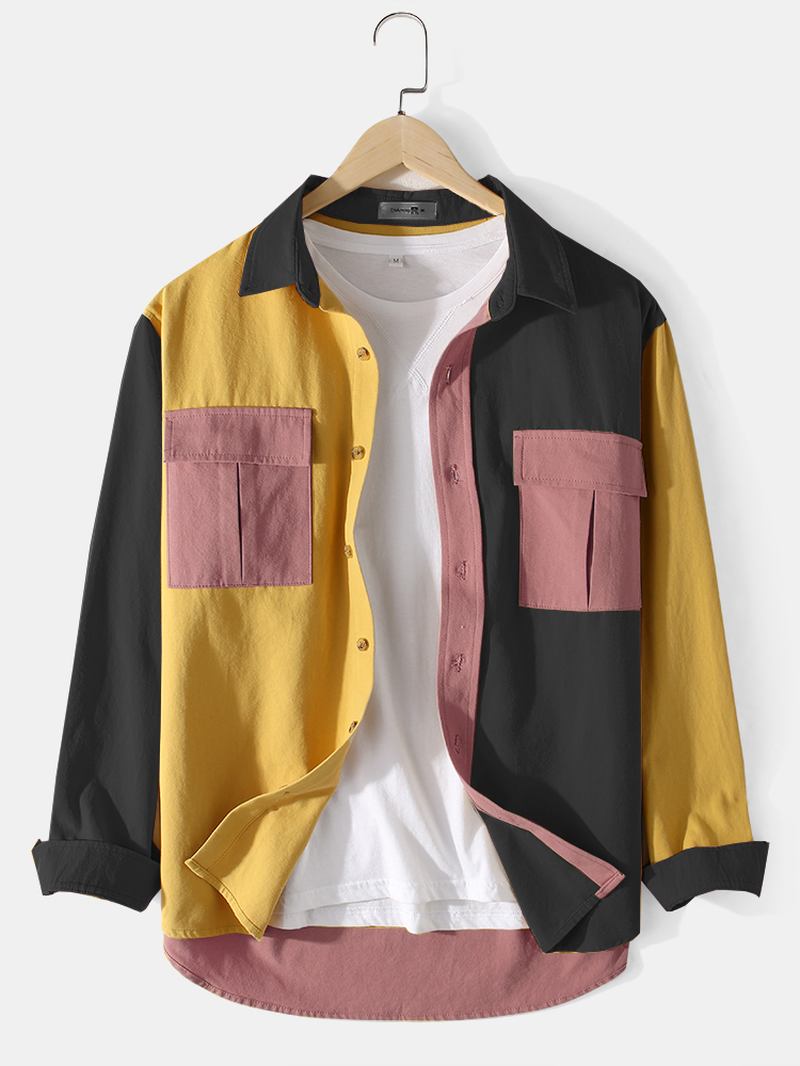 Herr Bomull Colorblock Patchwork Cargo Style Skjortor Med Flikar