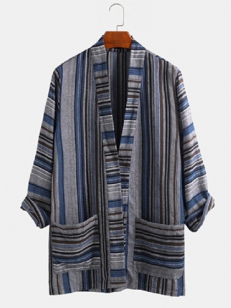 Herr Bomull Vintage Stripe Dual Pocket Kimono Cardigan Shirts