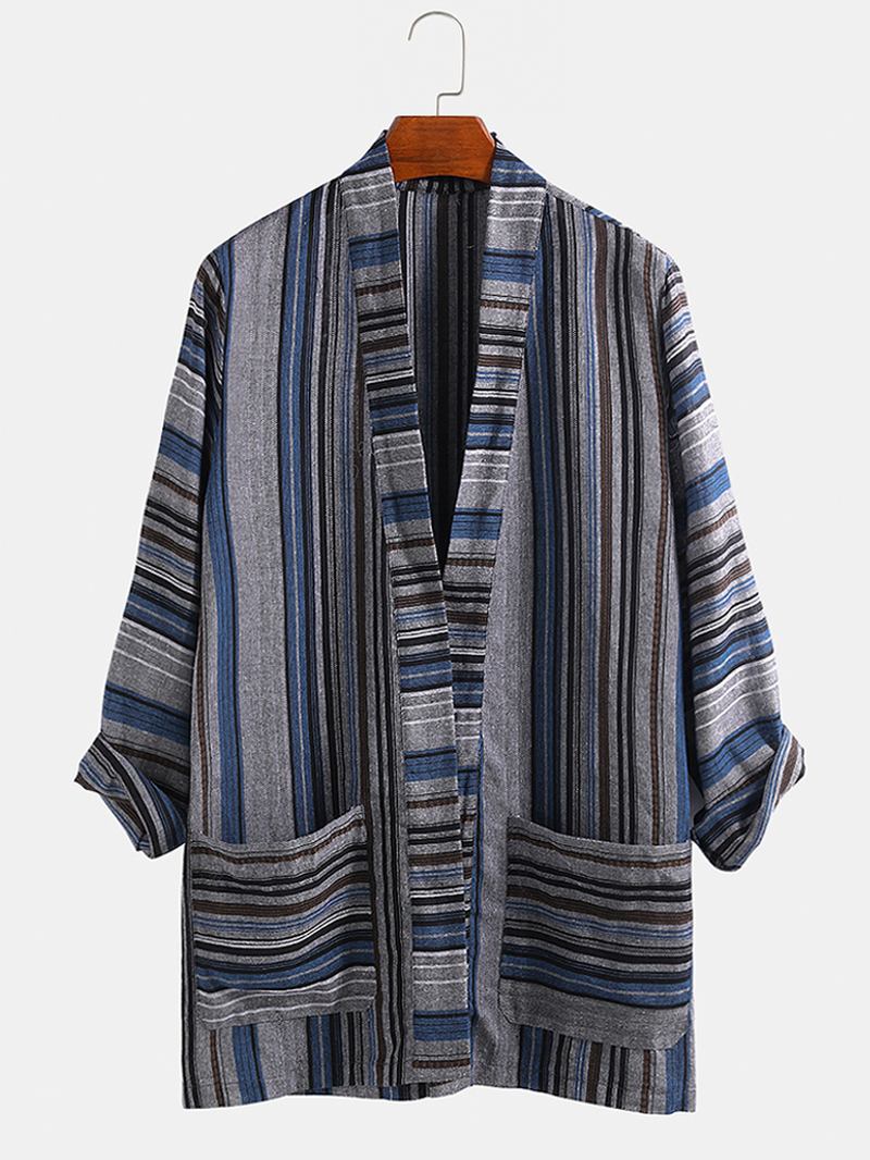 Herr Bomull Vintage Stripe Dual Pocket Kimono Cardigan Shirts