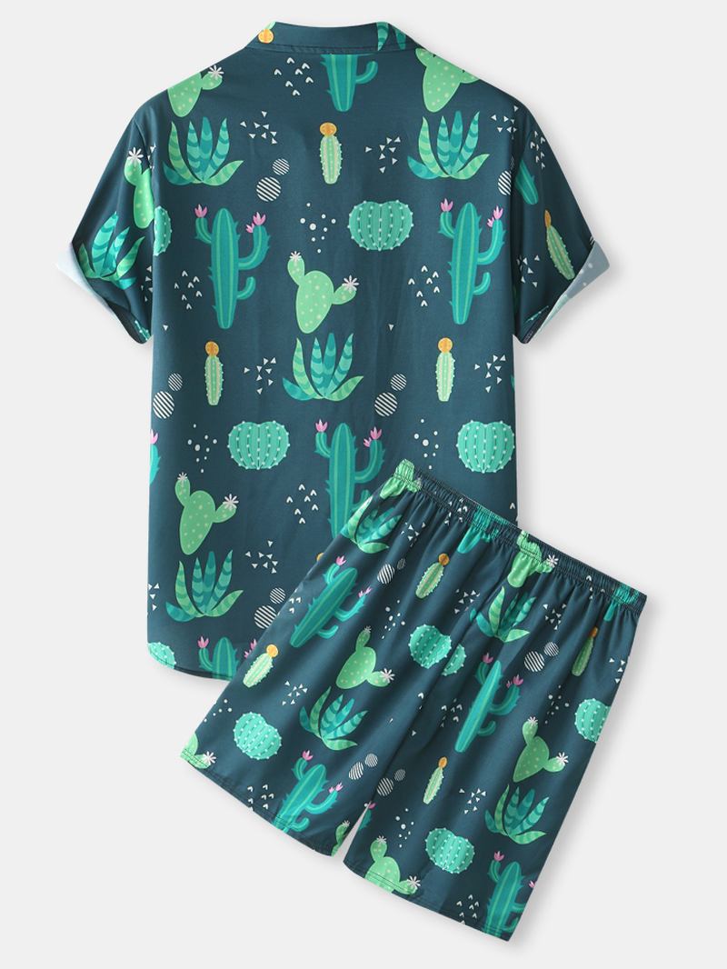 Herr Cactus Plant Med Tryck Lapel Dragstring Shorts Holiday Two Piece Outfits