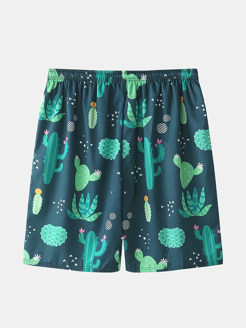 Herr Cactus Plant Med Tryck Lapel Dragstring Shorts Holiday Two Piece Outfits