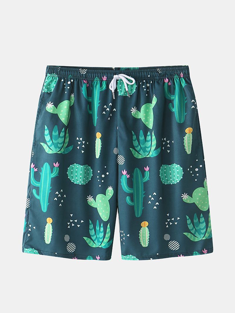 Herr Cactus Plant Med Tryck Lapel Dragstring Shorts Holiday Two Piece Outfits