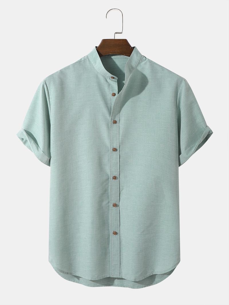 Herr Casual Enfärgade Grandad Collar Button Up Skjortor