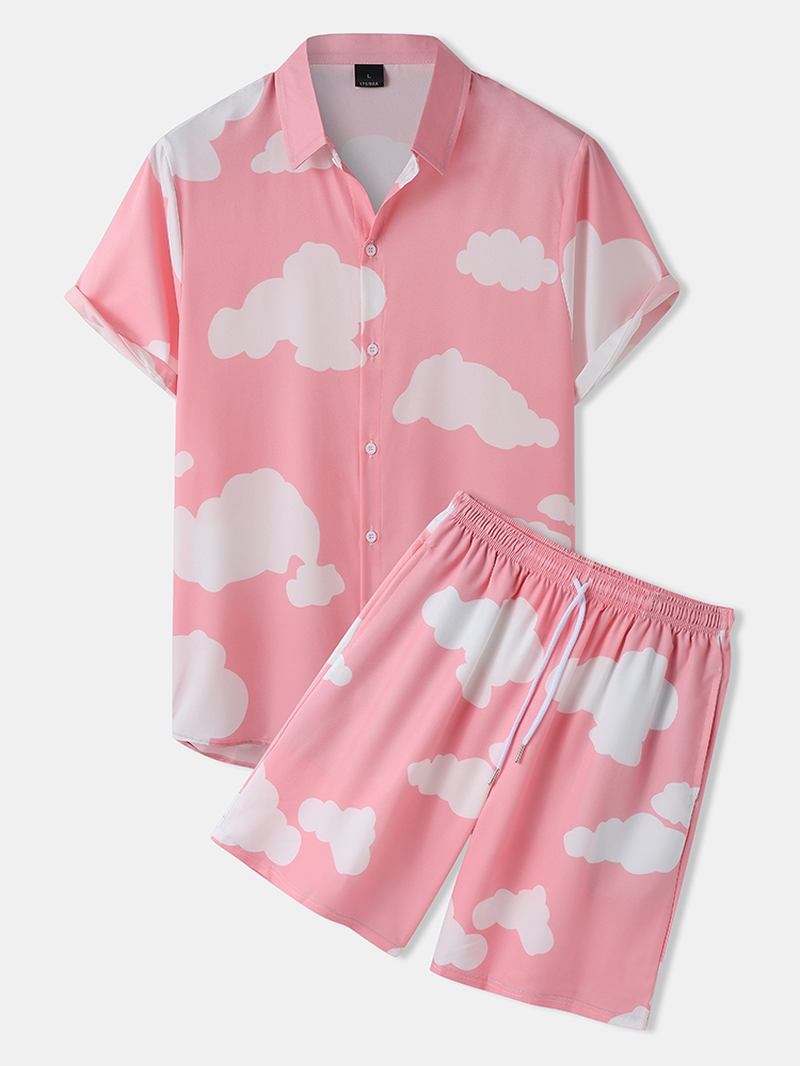 Herr Cloud Pattern Two Pieces Outfits Casual Shirts Shorts