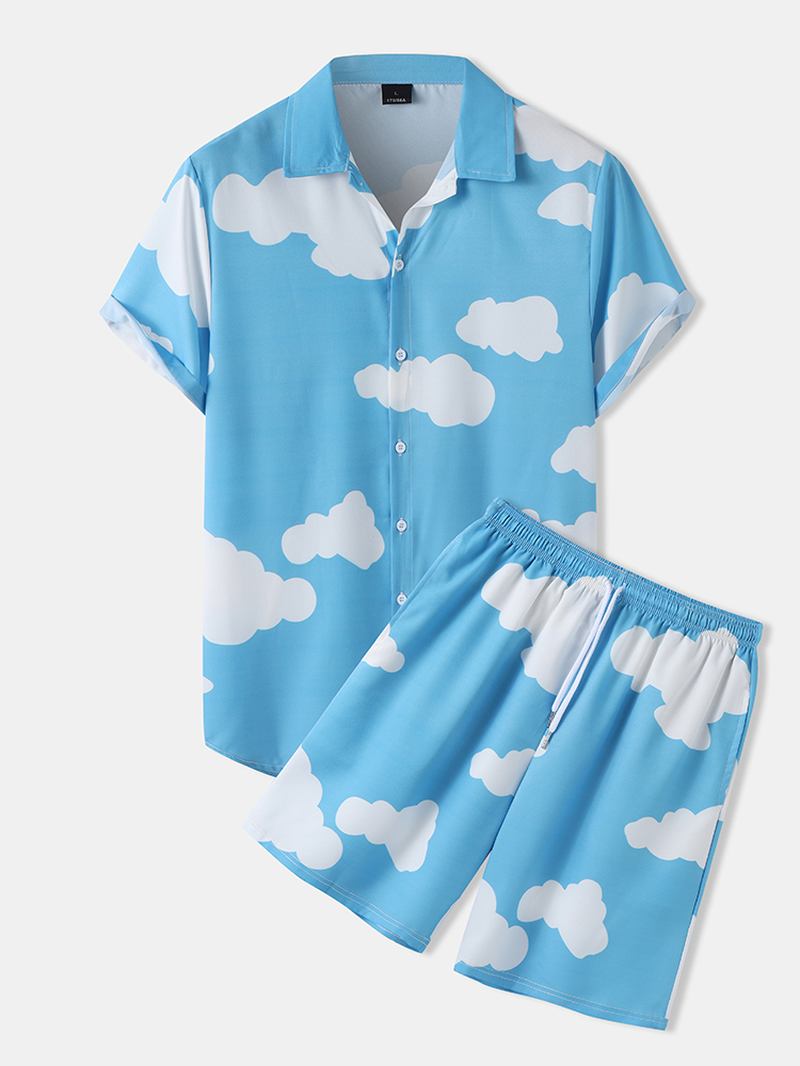 Herr Cloud Pattern Two Pieces Outfits Casual Shirts Shorts