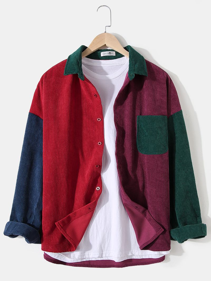 Herr Corduroy Colorblock Stitching Drop Shoulder Casual Shirts