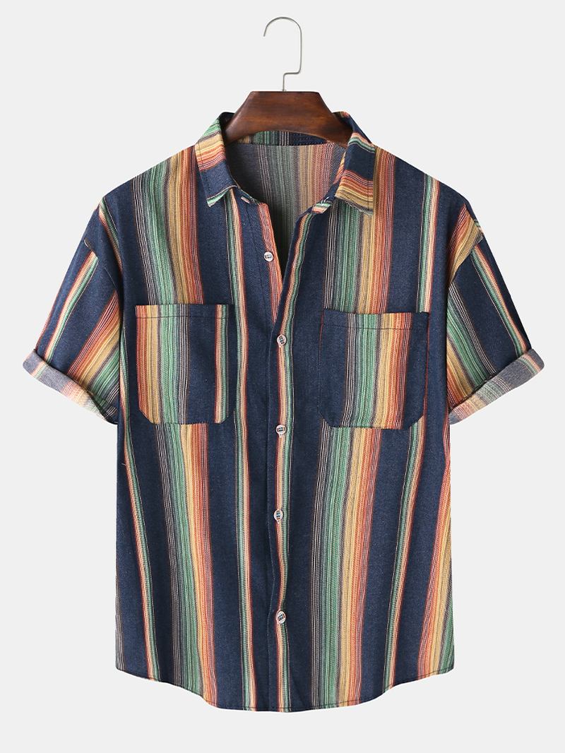 Herr Designer Gradient Colorful Stripe Dubbla Fickor Kortärmade Casual Shirts