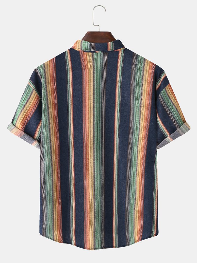 Herr Designer Gradient Colorful Stripe Dubbla Fickor Kortärmade Casual Shirts