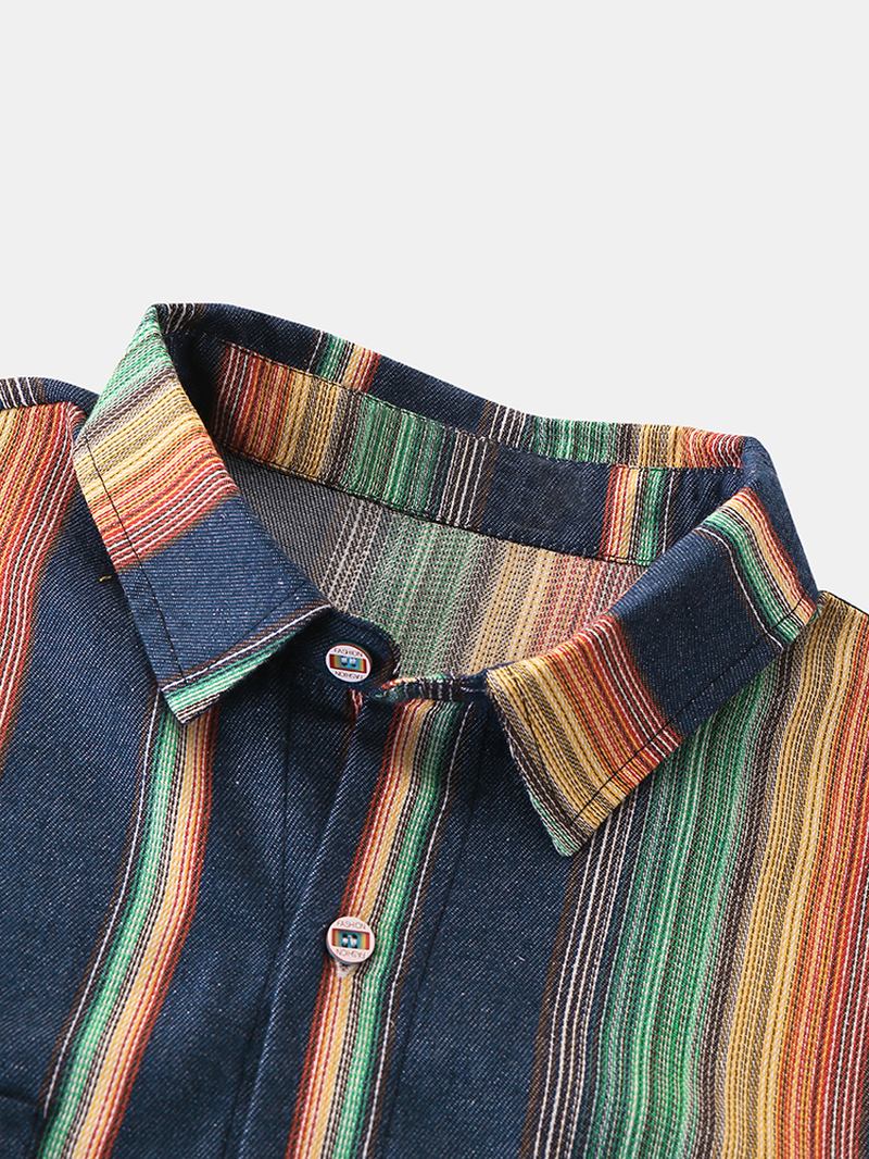 Herr Designer Gradient Colorful Stripe Dubbla Fickor Kortärmade Casual Shirts