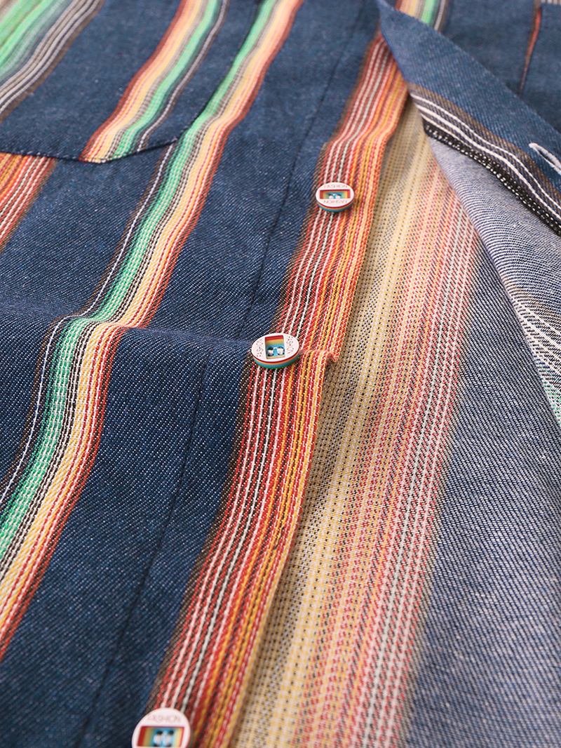 Herr Designer Gradient Colorful Stripe Dubbla Fickor Kortärmade Casual Shirts