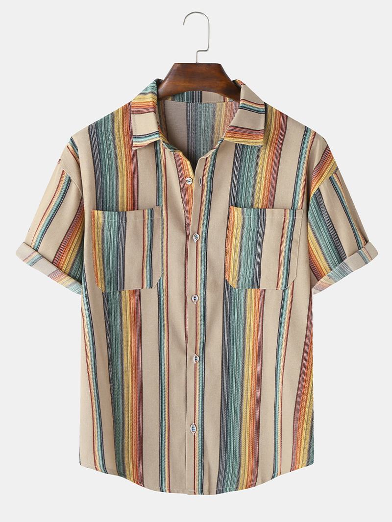 Herr Designer Gradient Colorful Stripe Dubbla Fickor Kortärmade Casual Shirts