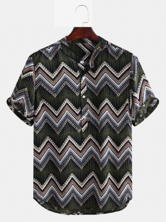 Herr Etnisk Chevron Tryckt Kortärmad Casual Lösa Henley Shirts Skjortor