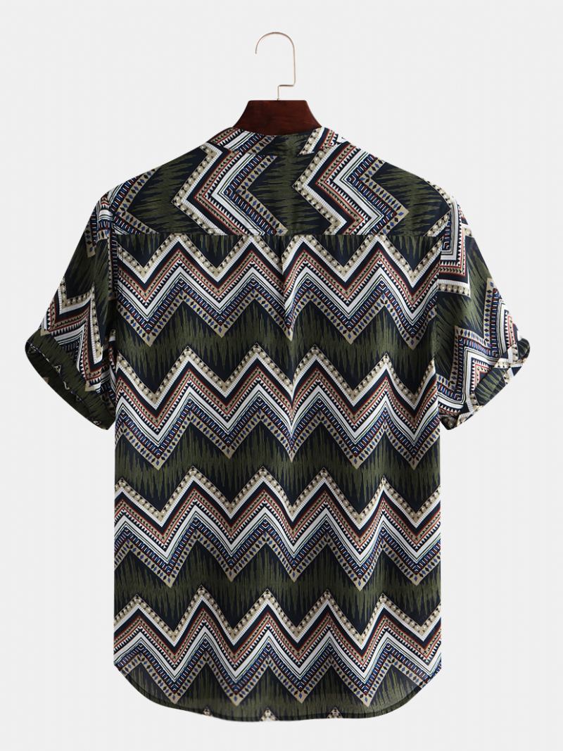 Herr Etnisk Chevron Tryckt Kortärmad Casual Lösa Henley Shirts Skjortor