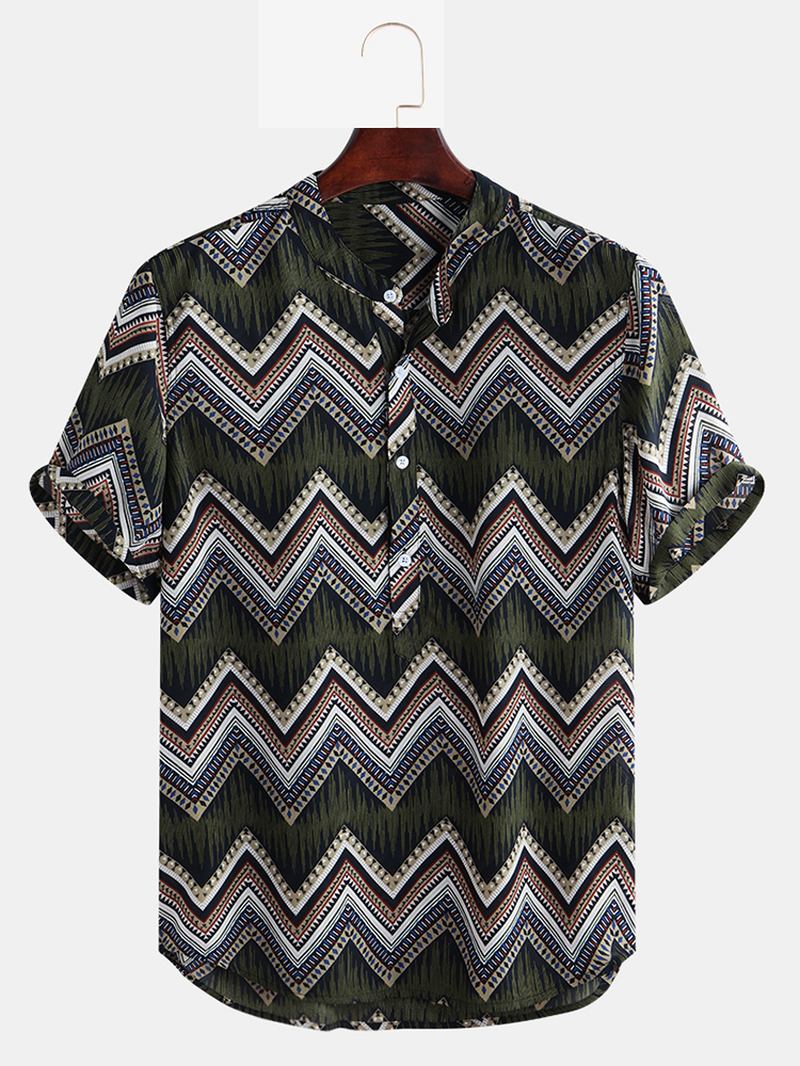 Herr Etnisk Chevron Tryckt Kortärmad Casual Lösa Henley Shirts Skjortor