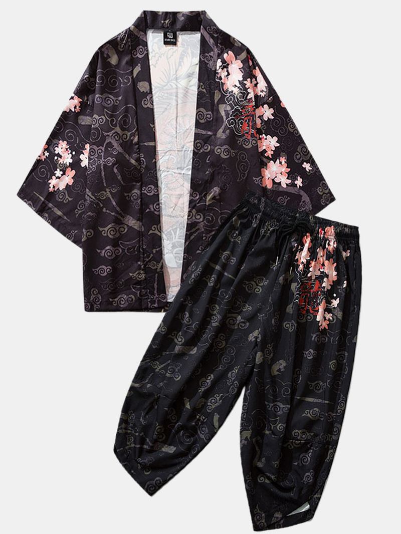 Herr Kimono Etnisk Stil Loong Gragon Med Tryck Elastisk Midja Tvådelade Outfits