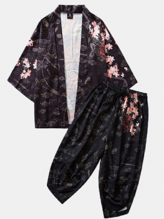 Herr Kimono Etnisk Stil Loong Gragon Med Tryck Elastisk Midja Tvådelade Outfits