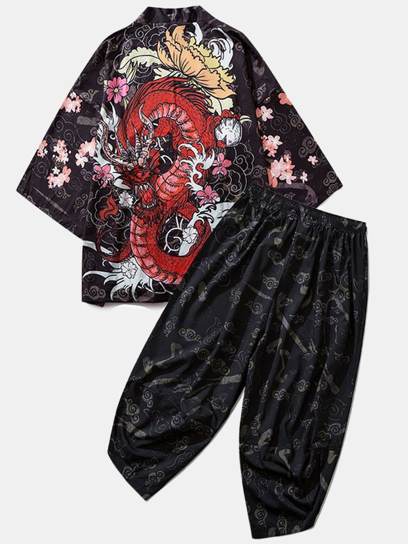 Herr Kimono Etnisk Stil Loong Gragon Med Tryck Elastisk Midja Tvådelade Outfits