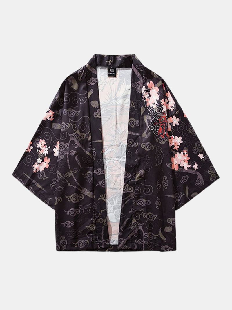 Herr Kimono Etnisk Stil Loong Gragon Med Tryck Elastisk Midja Tvådelade Outfits