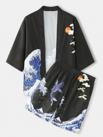 Herr Kimono Waves & Cap Mönster Japansk Elastisk Midja Tvådelade Outfits