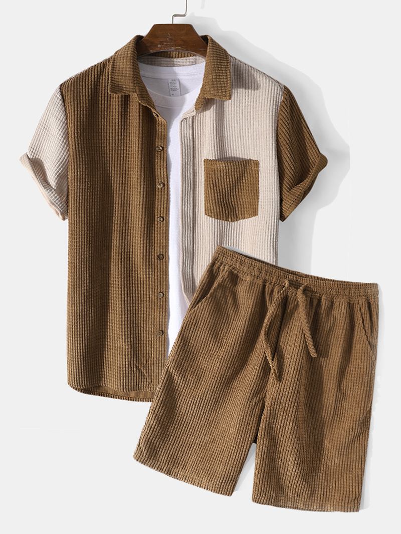 Herr Kontrastfärg Corduroy Kortärmad Loungewear Tvådelade Outfits