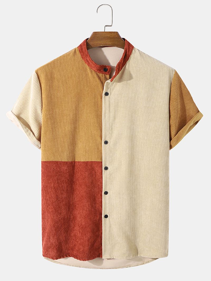 Herr Manchester Färg Block Panel Patchwork Grandad Collar Shirts