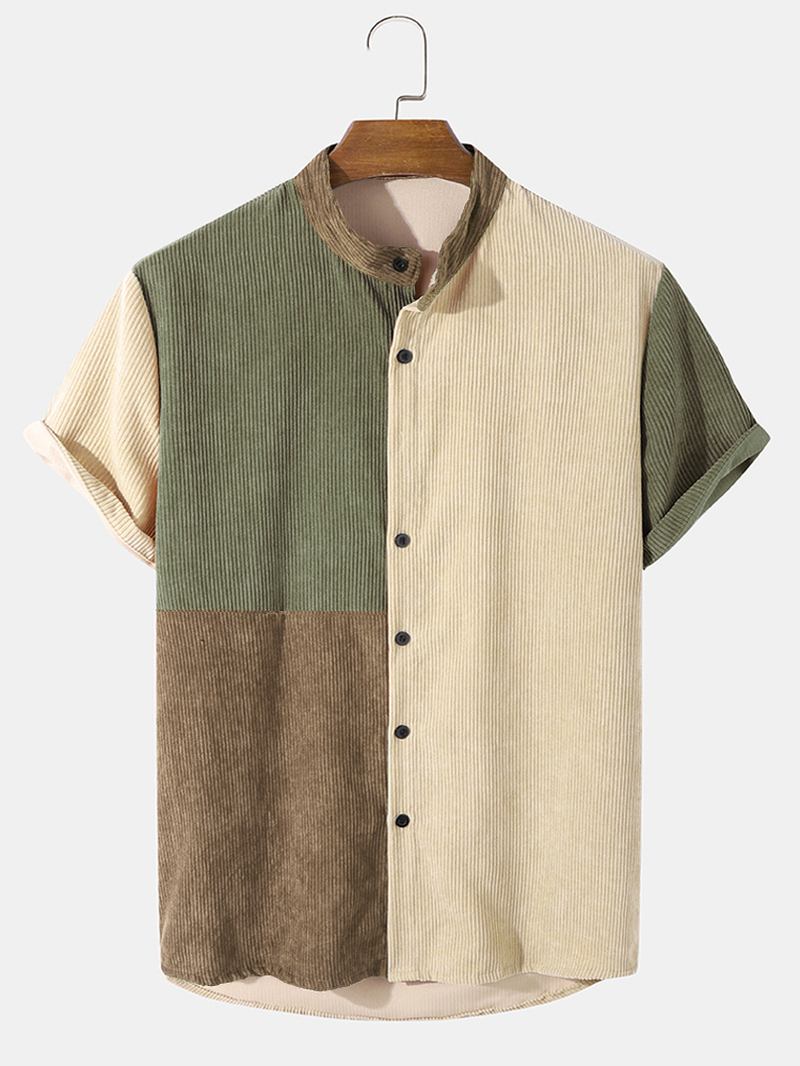 Herr Manchester Färg Block Panel Patchwork Grandad Collar Shirts