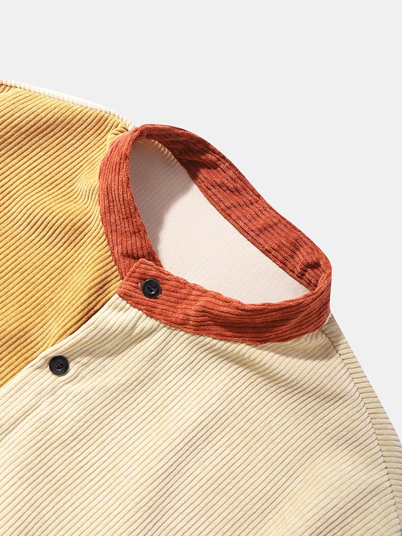 Herr Manchester Färg Block Panel Patchwork Grandad Collar Shirts