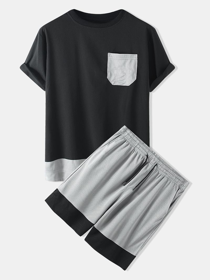 Herr Patchwork Crew Neck Kortärmad T-shirt Shorts Two Pieces