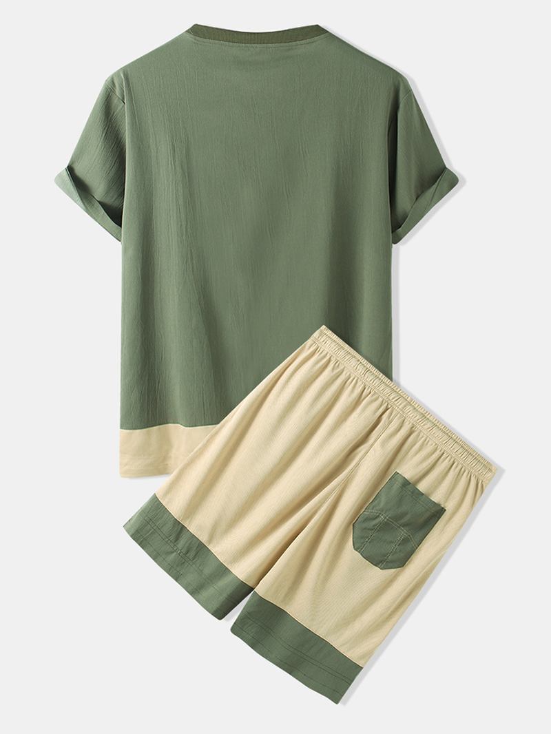 Herr Patchwork Crew Neck Kortärmad T-shirt Shorts Two Pieces