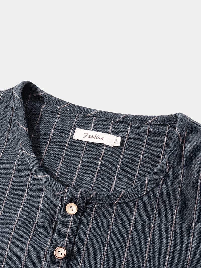 Herr Stripe Half Open Collar Double Pocket Casual Henley-skjortor