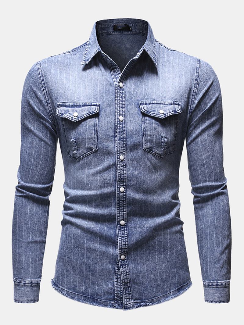 Herr Vintage Stripe Dubbla Fickor Denim Långärmade Casual Shirts