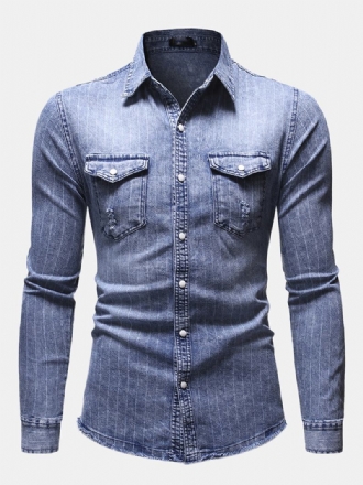 Herr Vintage Stripe Dubbla Fickor Denim Långärmade Casual Shirts