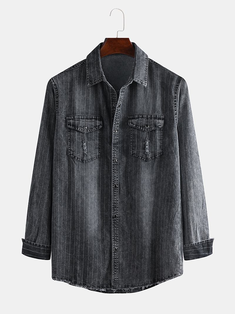 Herr Vintage Stripe Dubbla Fickor Denim Långärmade Casual Shirts