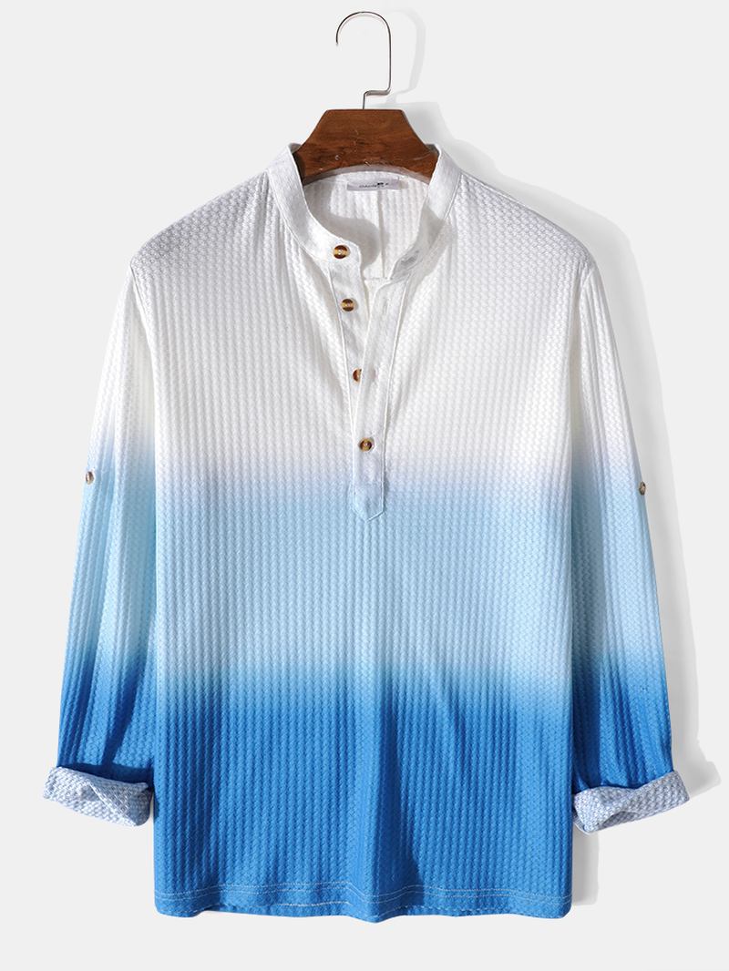 Herr Waffle Ombre Button Casual Långärmad Henley Shirt