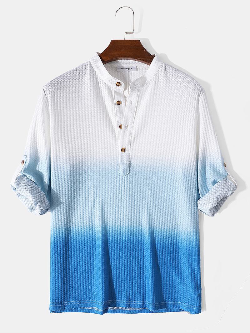 Herr Waffle Ombre Button Casual Långärmad Henley Shirt