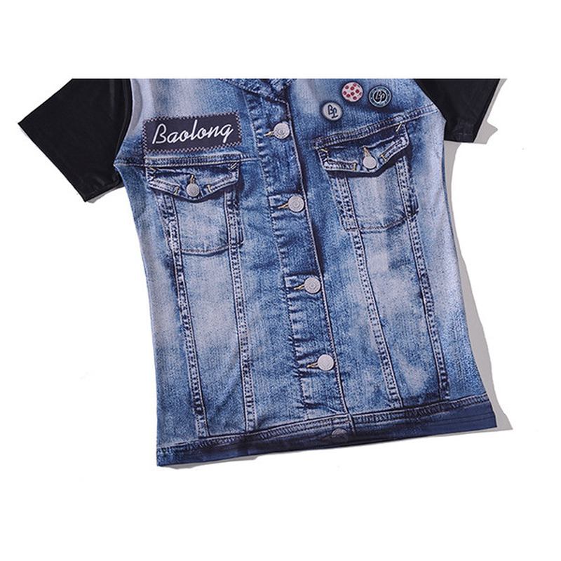 Herrmode Creative 3d Jeansjacka Tryckta T-shirts Casual O-hals Kortärmade Toppar T-shirts