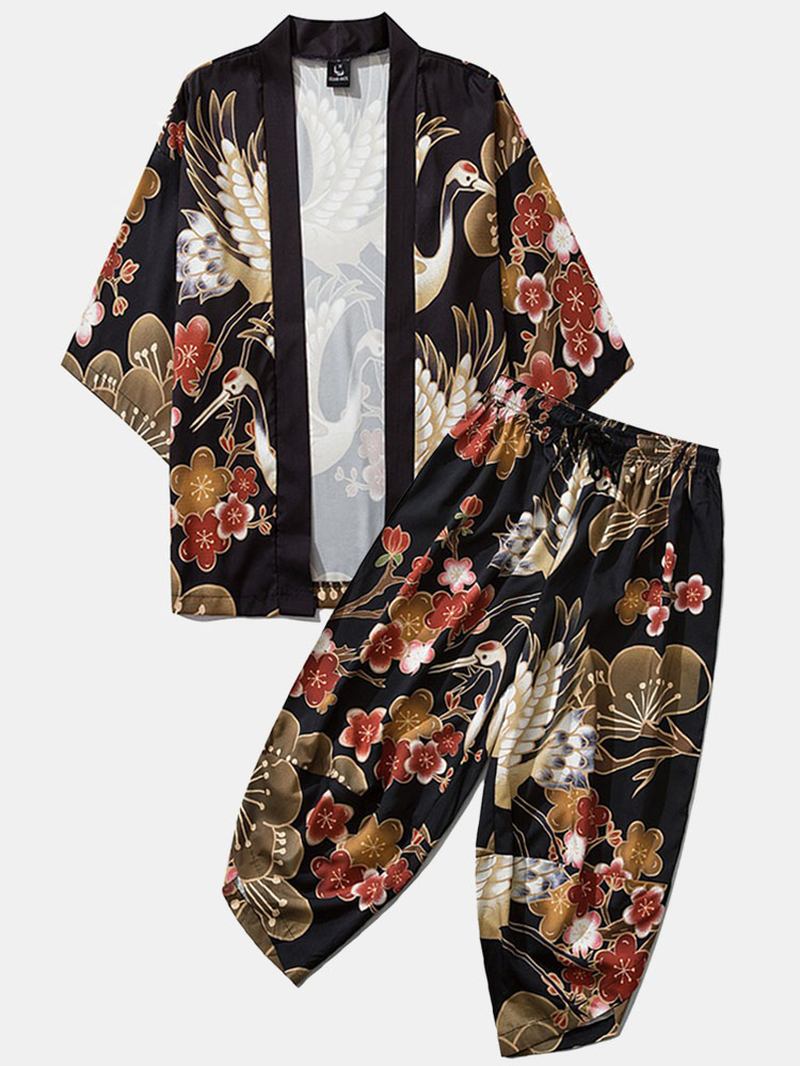 Japansk Kimono Crane Blommatryck För Män Öppen Front & Byxor Co-ords