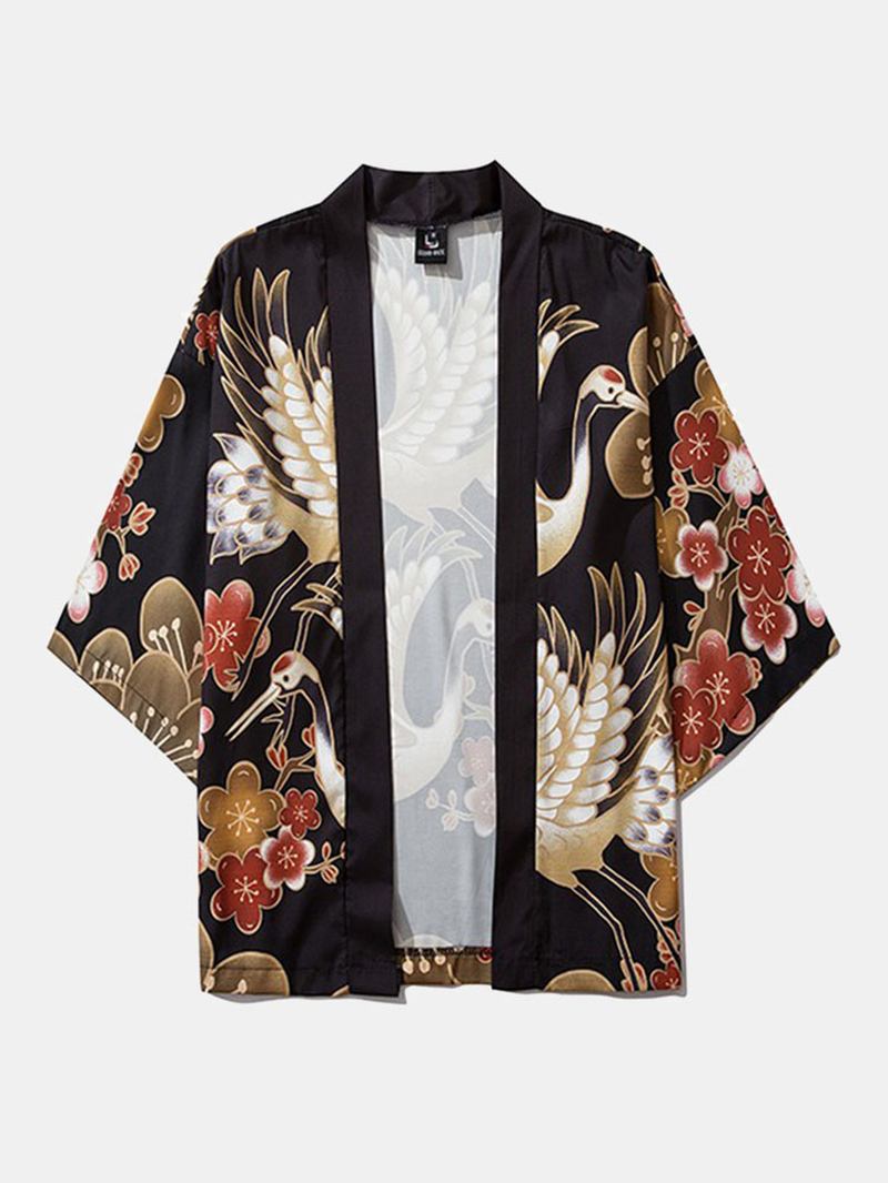 Japansk Kimono Crane Blommatryck För Män Öppen Front & Byxor Co-ords