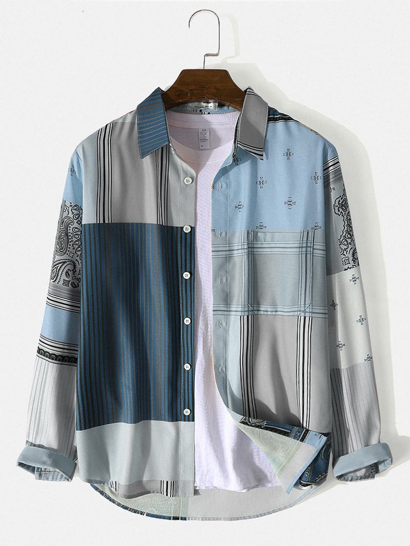 Män Blandat Mönster Med Tryck Button Lapel Chest Pocket Shirt