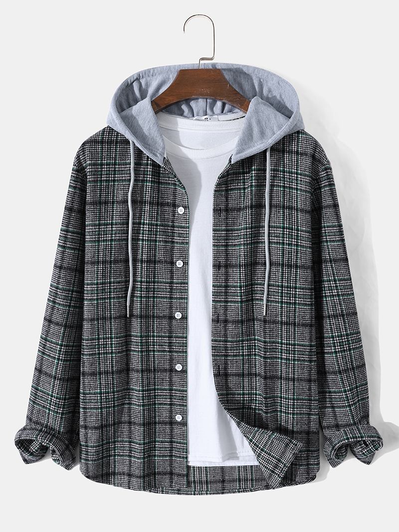 Män Casual Rutig Button Up Hood Dragstring Casual Shirts