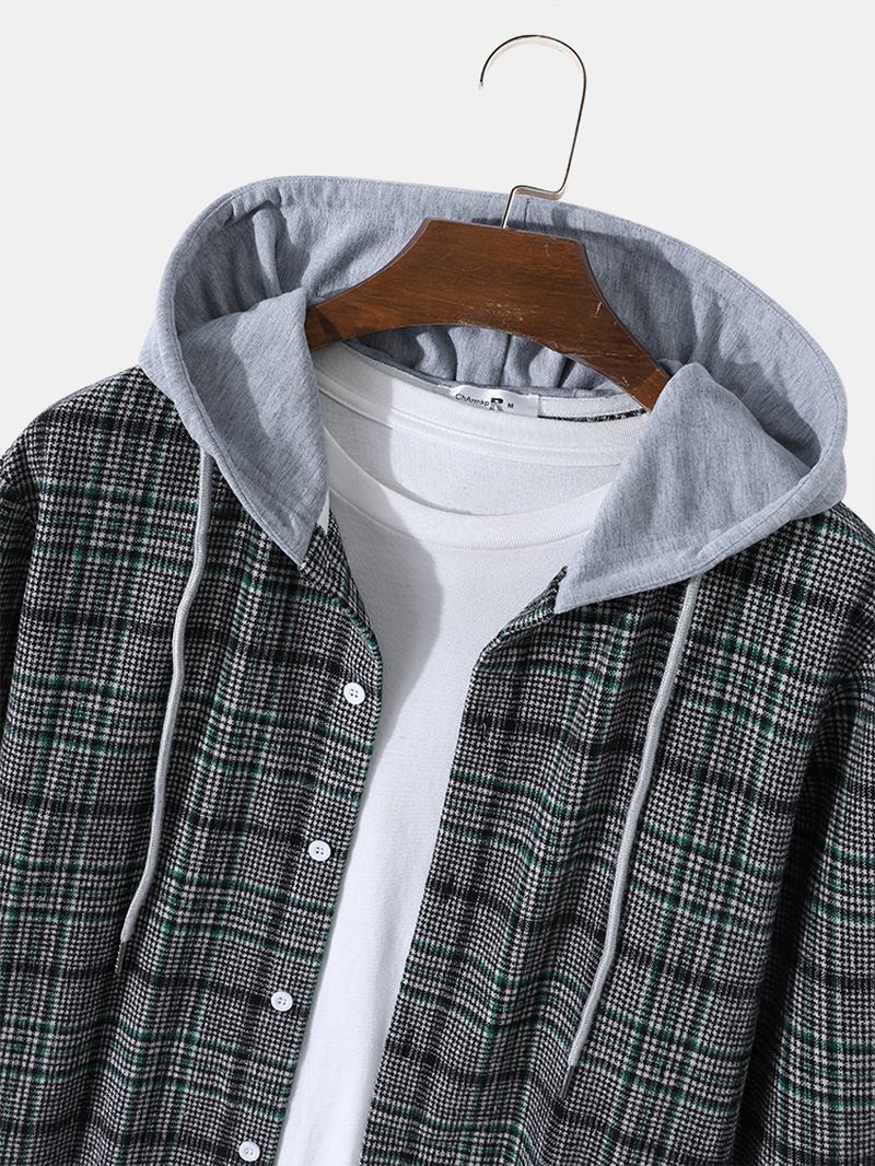 Män Casual Rutig Button Up Hood Dragstring Casual Shirts